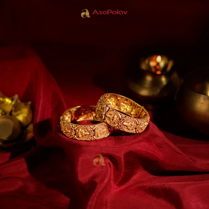 22K Lakshmi Motif Gold Bangles with Ruby Pota Accents